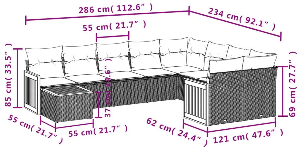 10 pcs conjunto de sofás p/ jardim com almofadões vime PE bege
