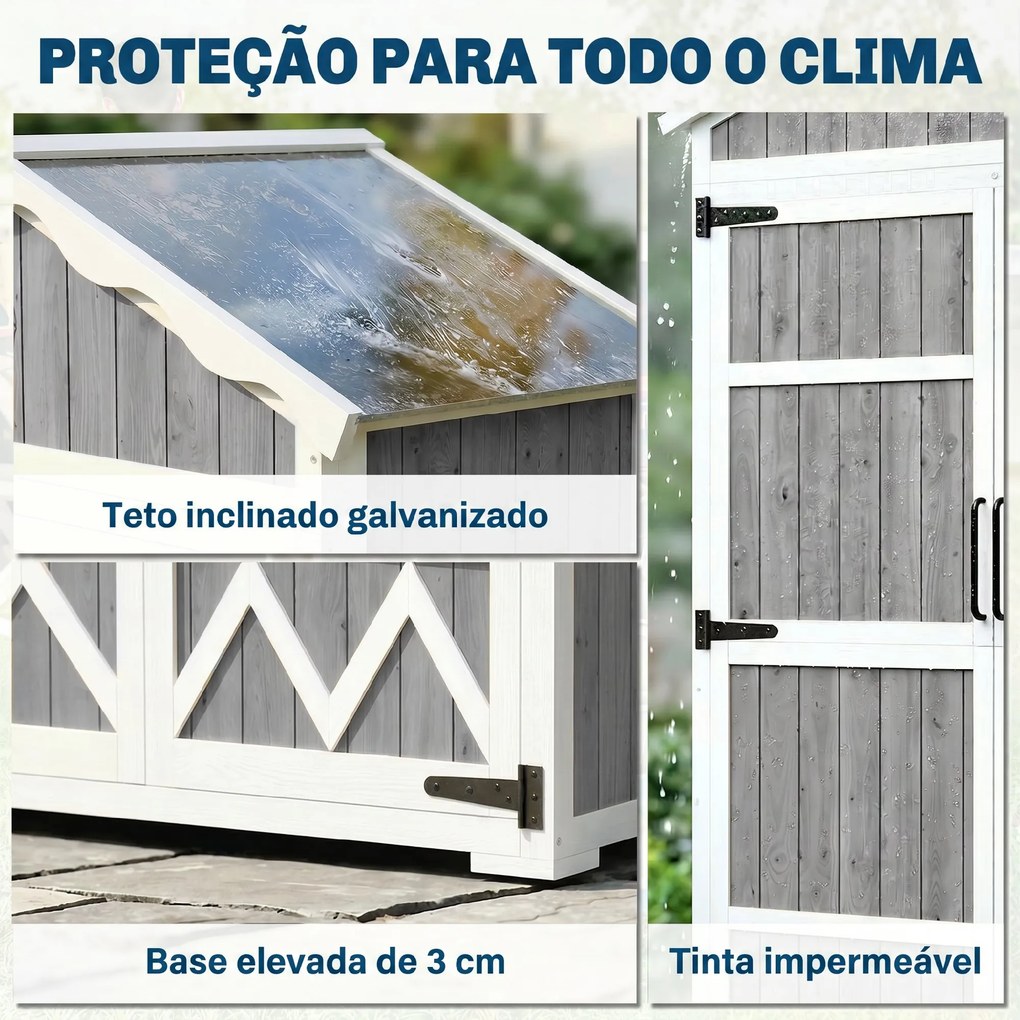 Armário de Jardim de Madeira 105x55x179 cm Abrigo de Exterior com Portas 4 Prateleiras Extraíveis Teto Metal Galvanizado Cinza