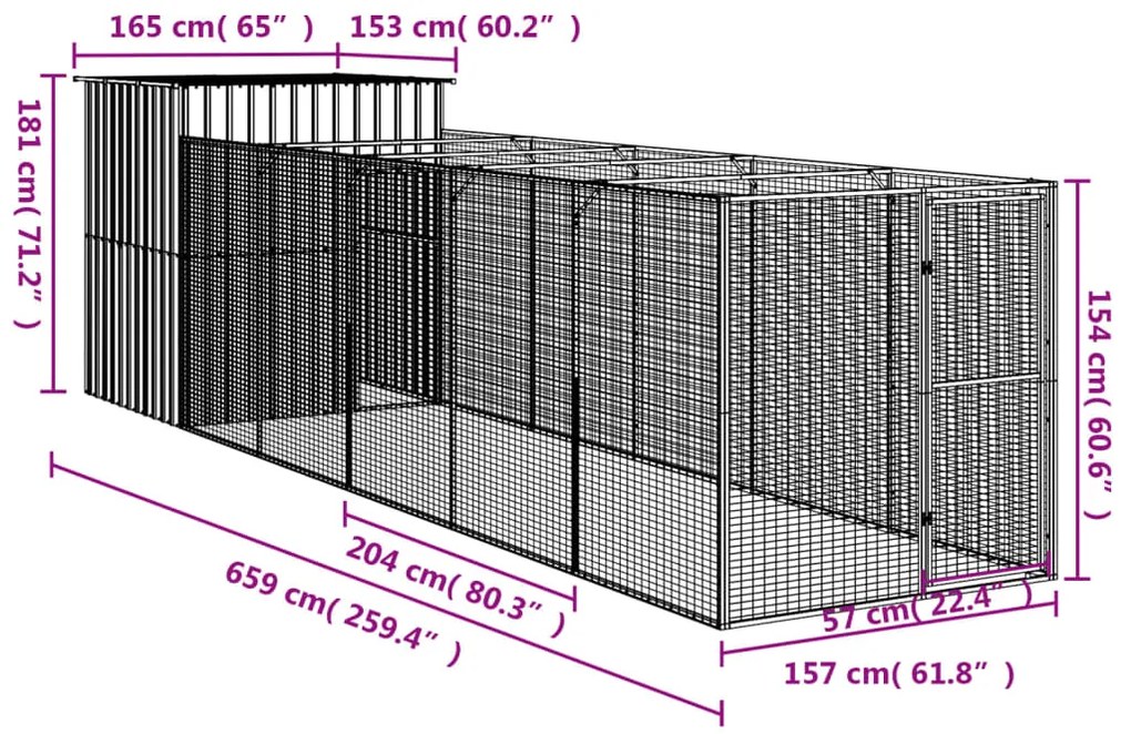 Casota cães c/ parque 165x659x181 cm aço galvaniz. cinza-claro