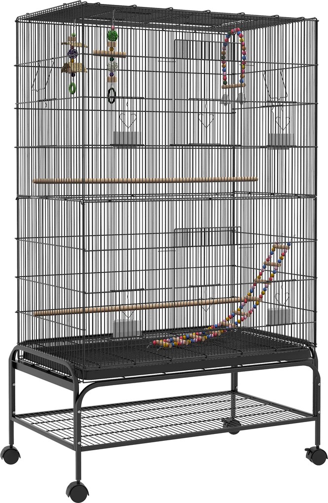 Gaiola para Pássaros com Rodas Comedouros Poleiros Prateleira Inferior Bandeja Removível 97x58x160 cm Preto