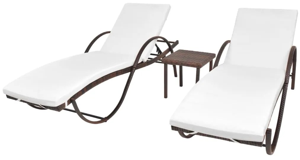 vidaXL Espreguiçadeiras com mesa 2 pcs vime PE castanho