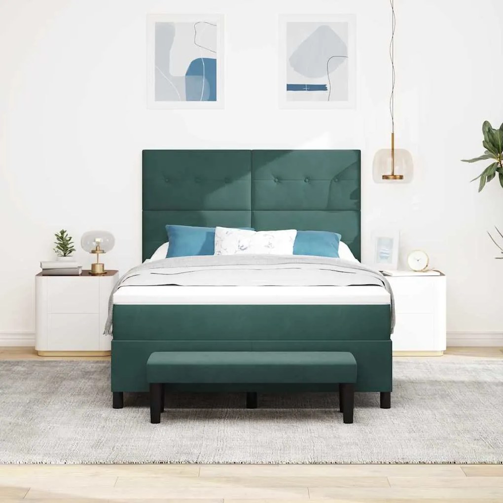 Cama Box Spring com Colchão e Banco Verde Escuro 140x200 cm Veludo