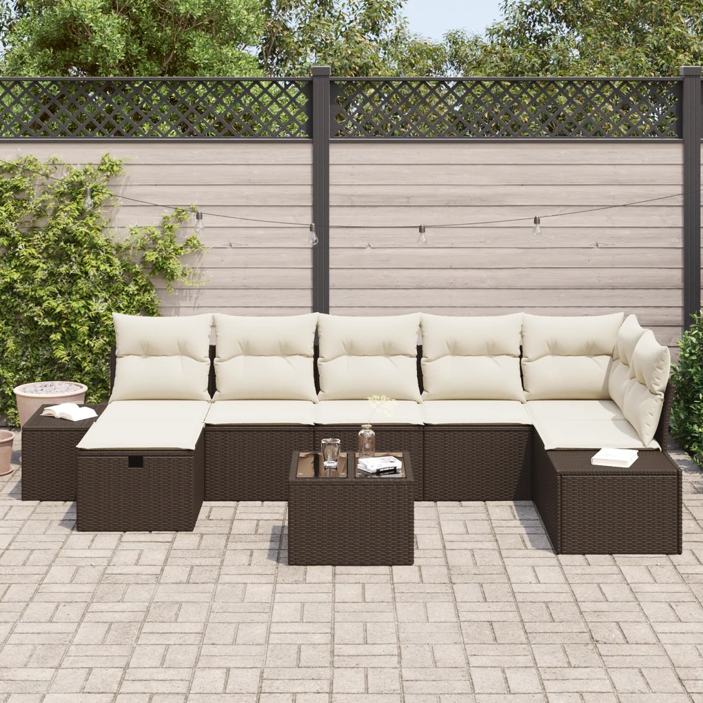 Conjunto de Sofá para Jardim com Almofadas Castanho Rattan Poliéster
