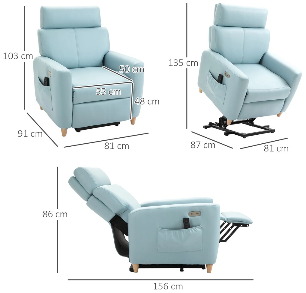 HOMCOM Poltrona Relax Reclinável Poltrona Levanta Pessoas Estofada em Microfibra com Reclinação 143° USB Apoio para a Cabeça Ajustável Apoio para os Pés e Bolso Lateral Carga Máxima 150kg 81x91x103 cm Azul