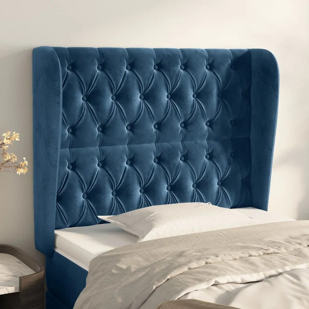 Cabeceira cama c/ abas veludo 93x23x118/128 cm azul-escuro