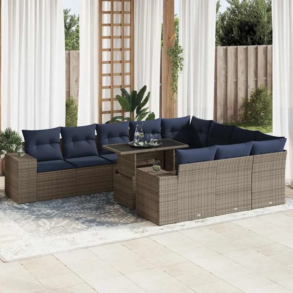 11 pcs conjunto sofás de jardim c/ almofadões vime PE/acácia