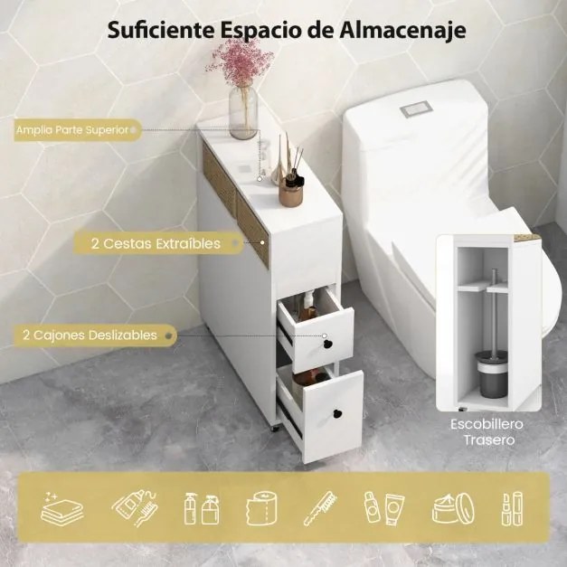 Armário de casa de banho móvel com rodas com gavetas deslizantes Cestos de vime extraíveis Suporte para escovas de sanita 50 x 19 x 72 cm Branco