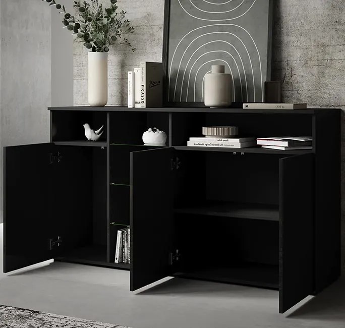 Aparador "Melinda" com Luzes LED - 150x82x40 cm - Preto Brilhante - De
