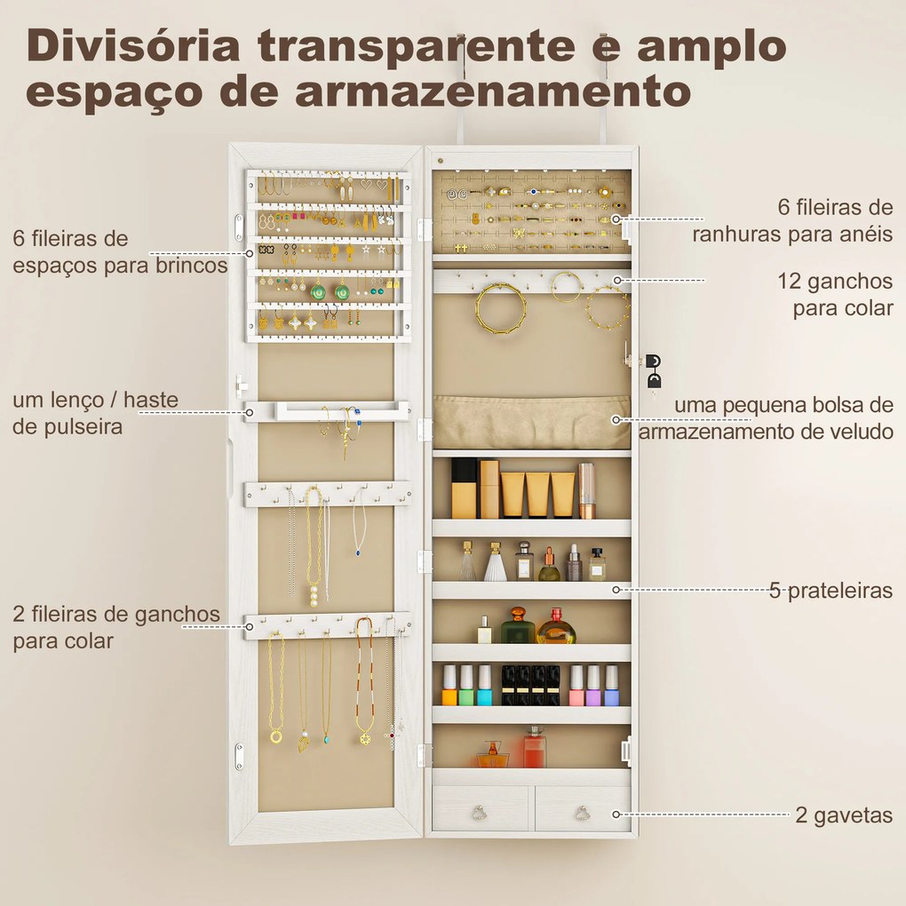 Espelho de Joias com Luz LED, Armário Montado na Parede ou Porta com Fechadura e Espelho Branco de Corpo Inteiro
