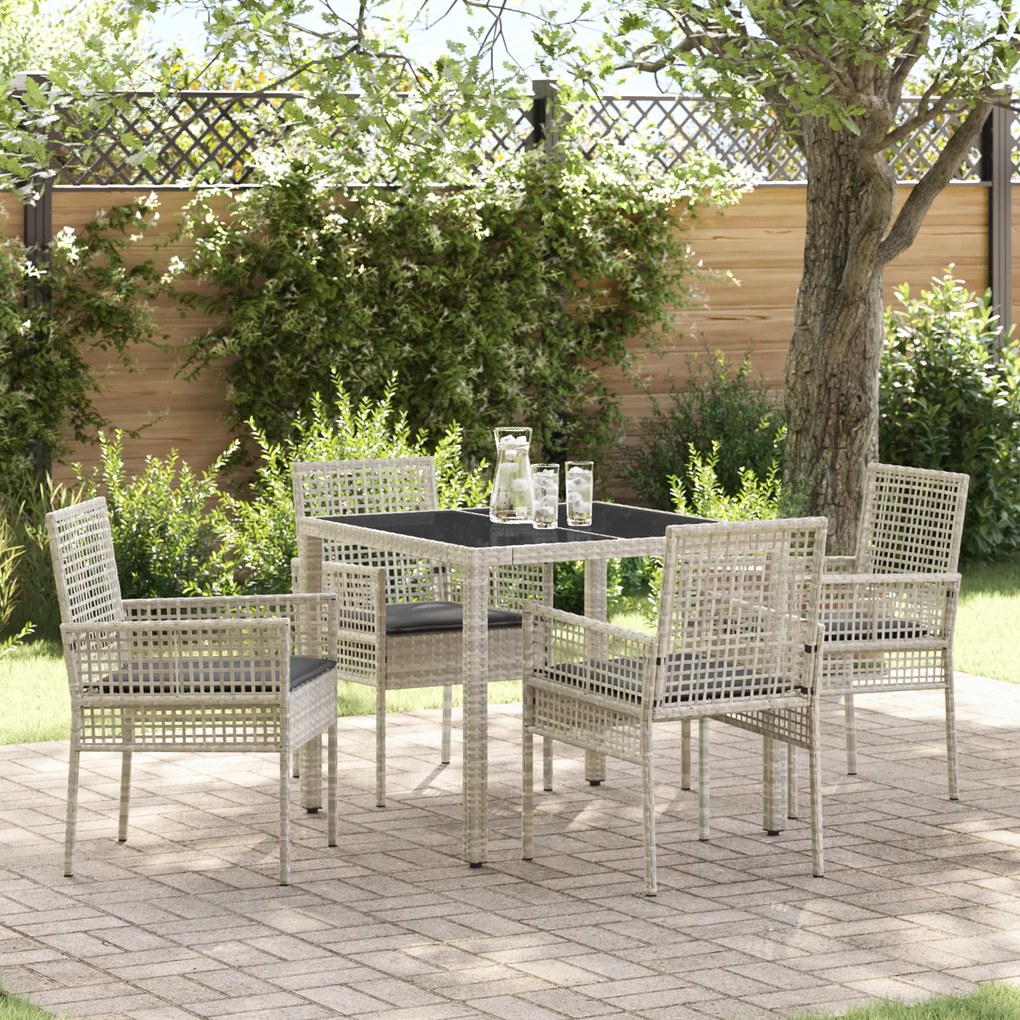 Conjunto de jantares de jardim de 5 peças com almofadas cinzento-claro de rattan