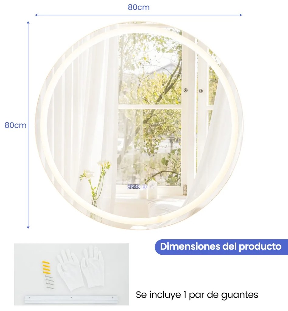 Espelho de casa de banho redondo de parede LED anti-embaciamento com 3 luzes coloridas e função de memória tátil inteligente 80 x 80 cm Prateado