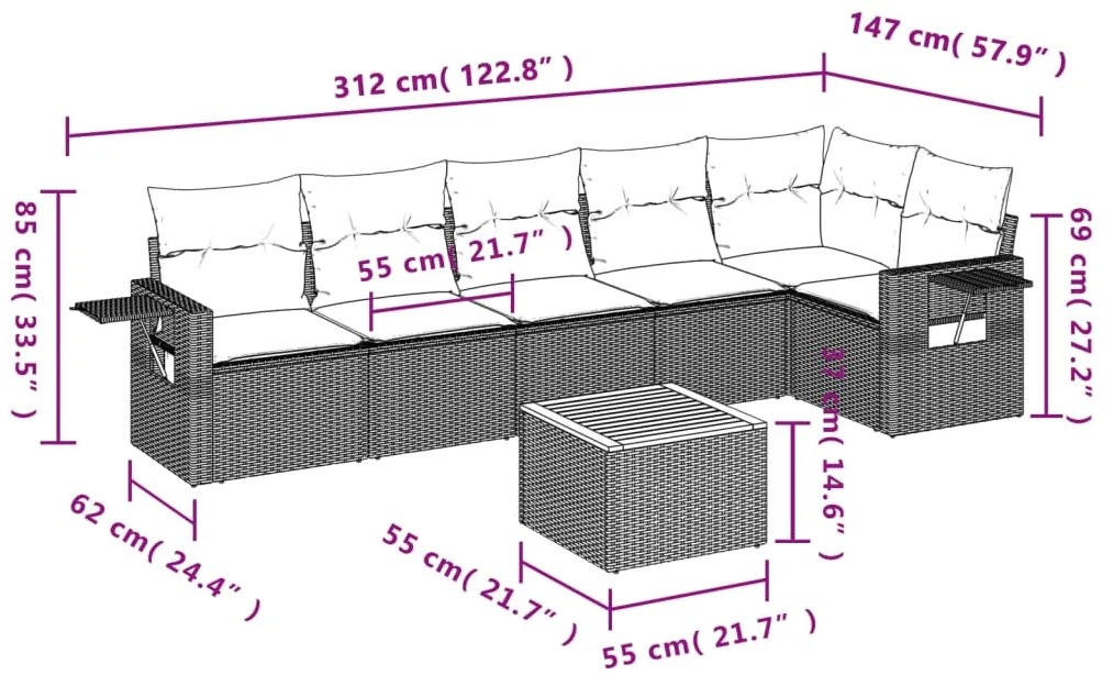 7 pcs conjunto sofás p/ jardim c/ almofadões vime PE cinzento