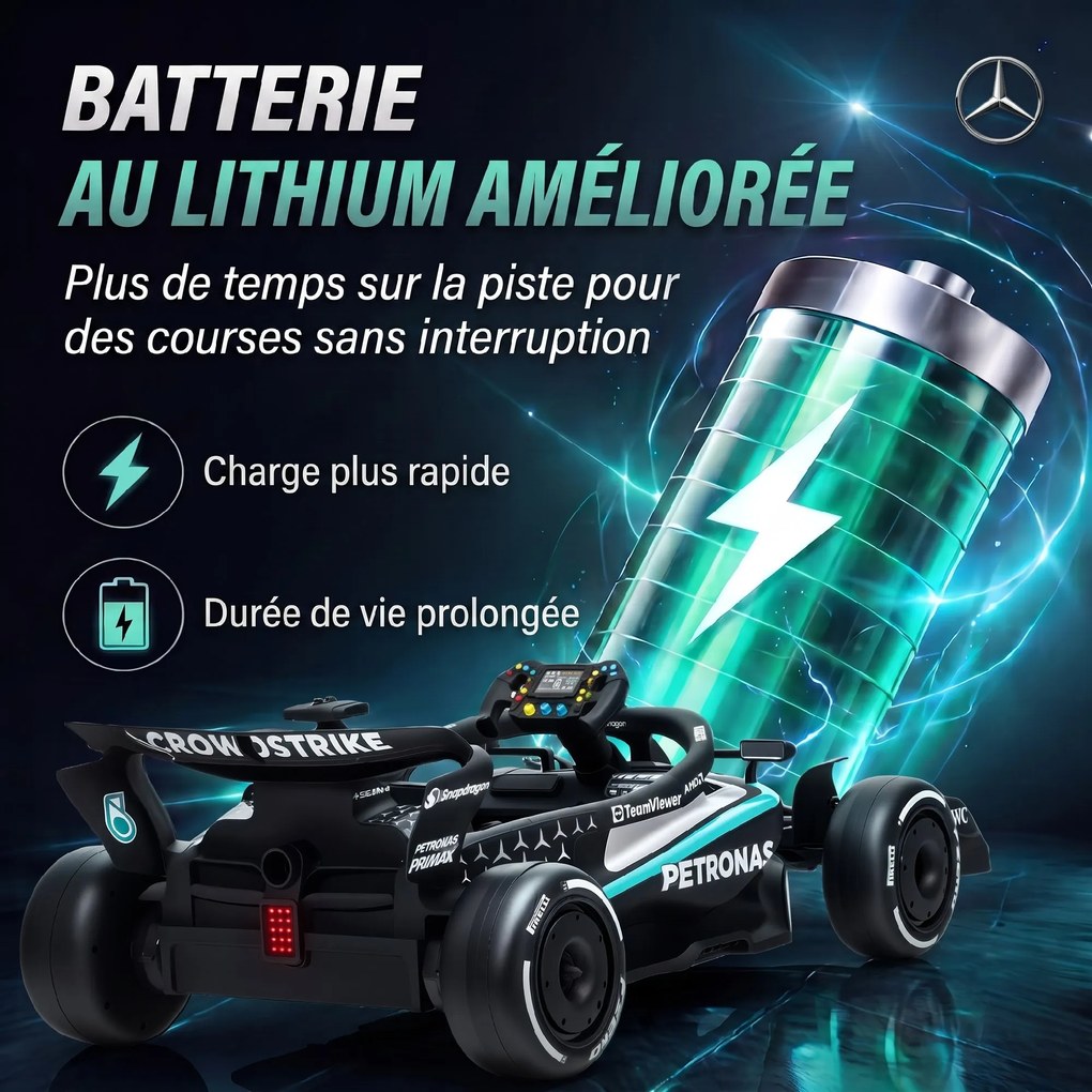 Kart elétrico para crianças de 12 V, Mercedes-AMG PETRONAS F1 com 2 motores, comando à distância, 3 velocidades, preto