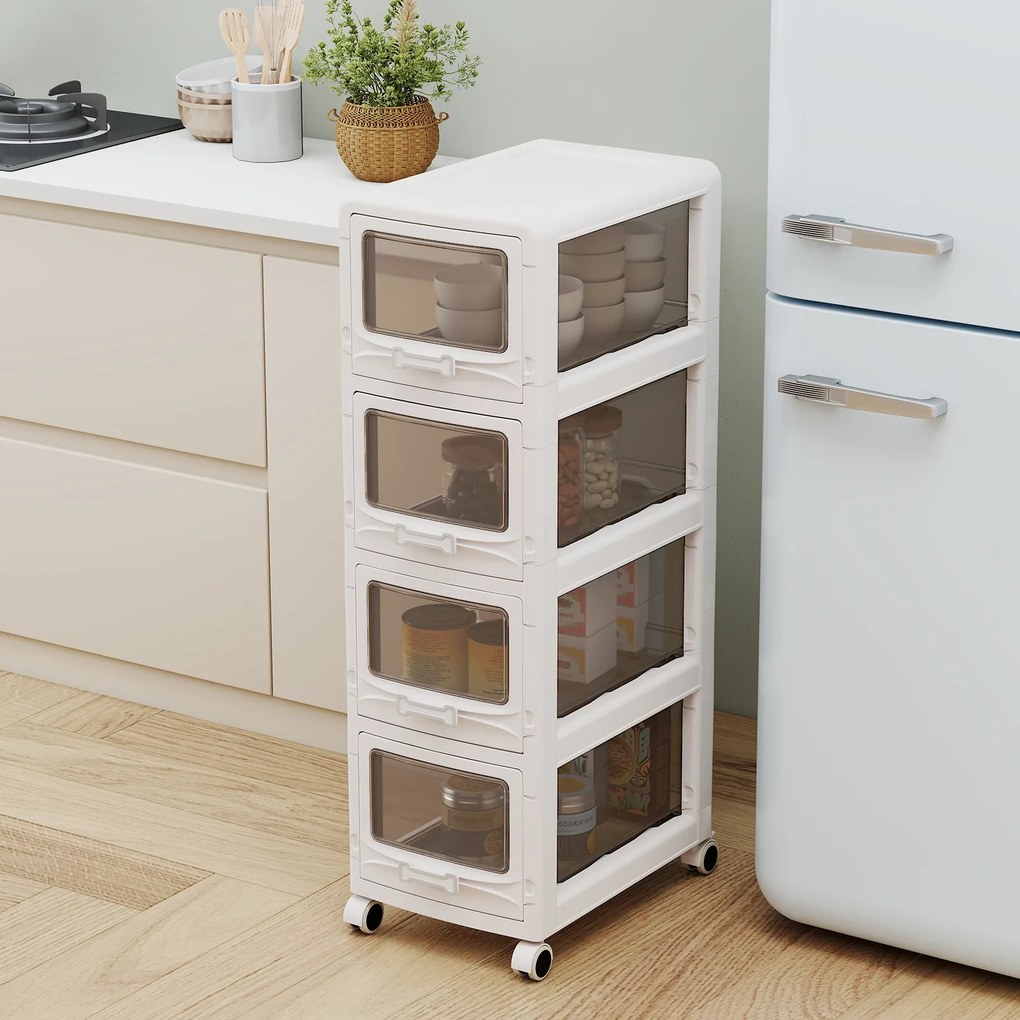 Carrinho de Arrumação com 4 Gavetas, 42 x 28 x 91,5 cm, Rodas com Travão, Branco