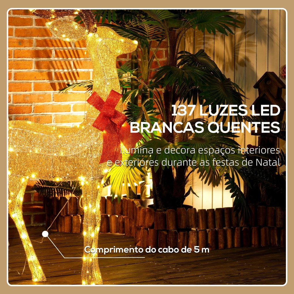 Reno Luminoso de Natal Decoração de Natal com 137 LEDs Branco Quente Iluminação Natalícia 66x25x135 cm Dourado