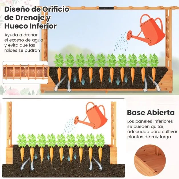 Floreira elevada de madeira com treliça em arco com Furo de drenagem Contentor para pátio 200 x 114 cm Laranja