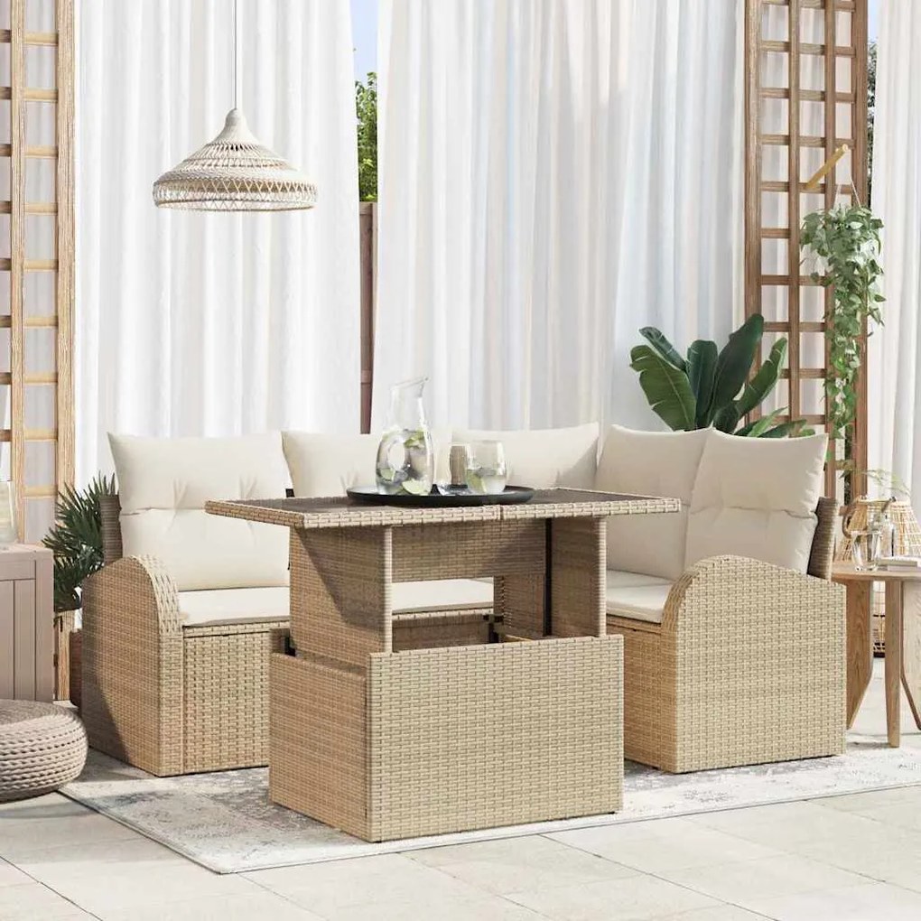 vidaXL Conjunto de Sofá de Jardim 5 Peças com Almofadas Bege em Rattan Sintético