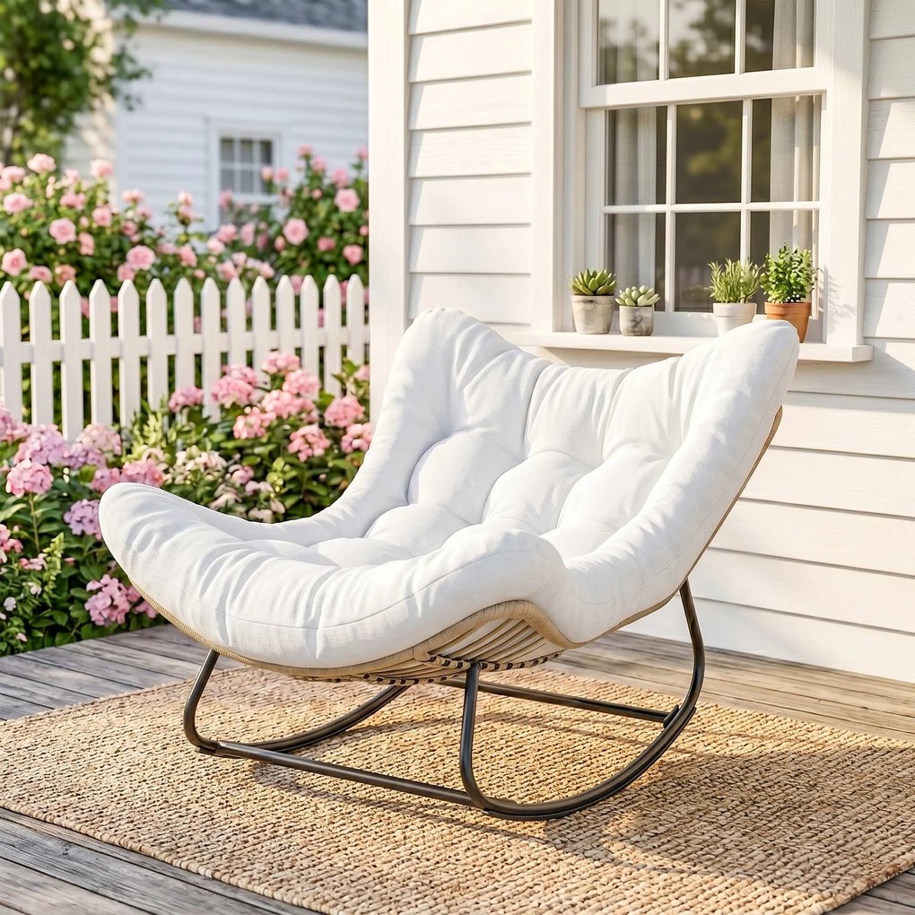 Cadeira de baloiço de jardim em forma de ovo com almofada acolchoada 98 x 111 x 74 cm creme