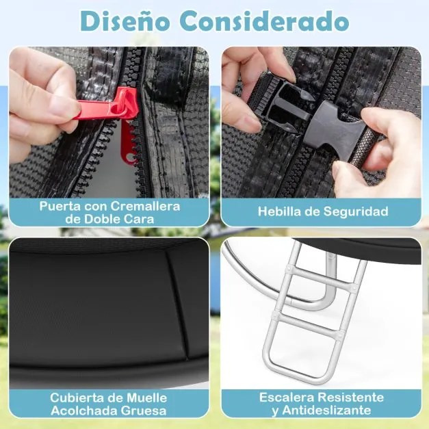 Trampolim exterior com escada Ø305 cm redondo para jardim com rede de segurança, cobertura de borda e estrutura metálica Preto
