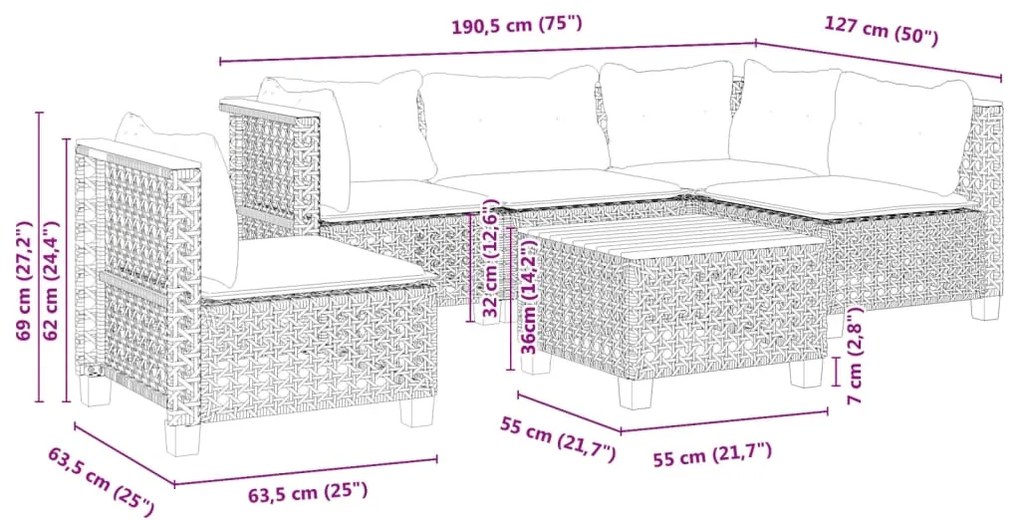 6 pcs conjunto sofás de jardim com almofadões vime cinzento