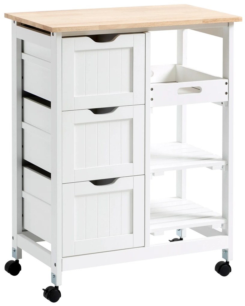 HOMCOM Carrinho de Cozinha com Rodas Carrinho de Serviço Multiuso com 3 Gavetas 2 Prateleiras Abertas e Bandeja para Sala de Jantar Sala de Estar 67x37x85,5cm Branco
