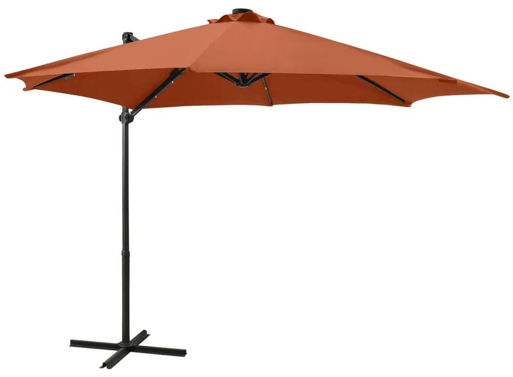 Guarda-sol jardim cantilever c/ poste/luzes LED 300cm terracota