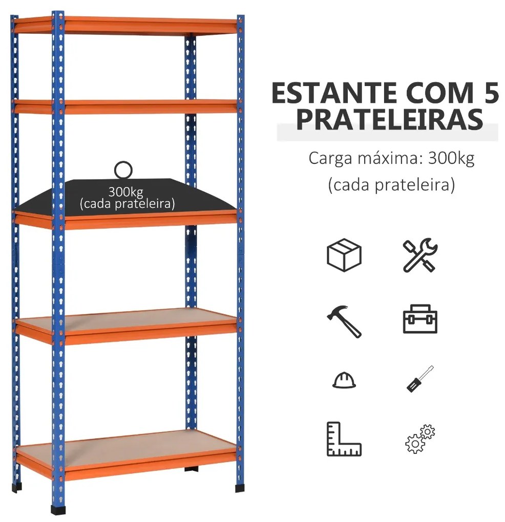 Estante Metálica de Armazenamento 80x40x182cm com 5 Prateleiras Altura Ajustável Carga Máxima por Prateleira 300kg para Armazenamento Garagem Oficina