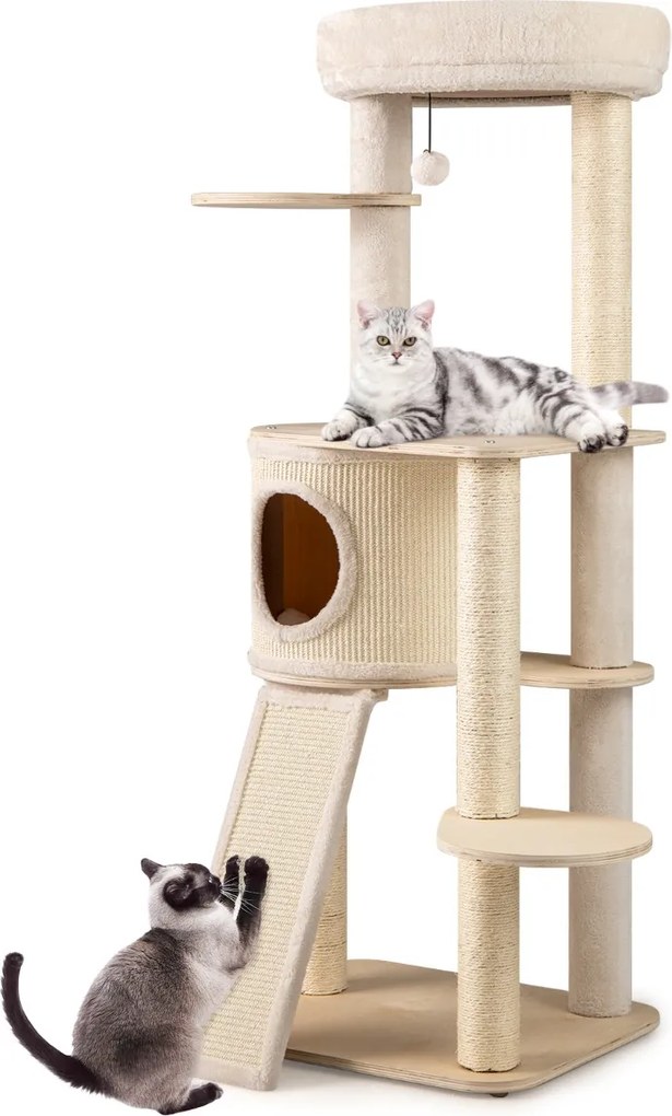 Arranhador para gatos 58 x 48 x 143 cm, com arranhadores de sisal, tapete e escada, brinquedo suspenso, almofada lavável para interior natural