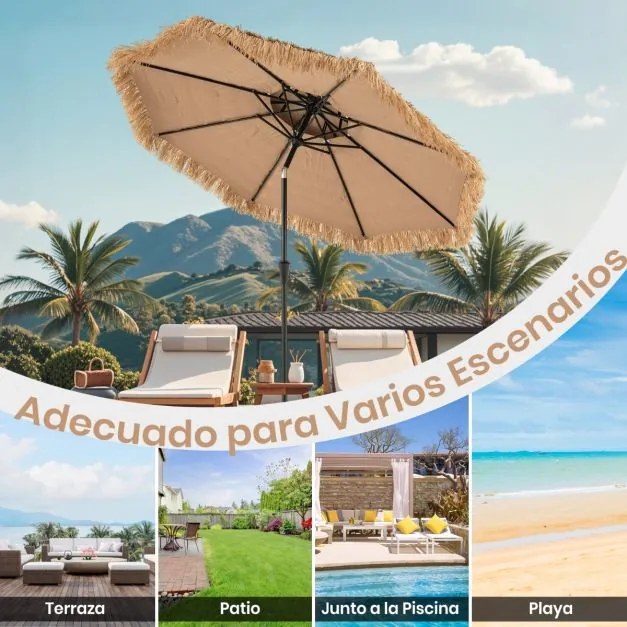 Guarda-sol estilo havaiano 247 cm com 8 varetas Tecido resistente ao sol e palha artificial 35° de inclinação Natural