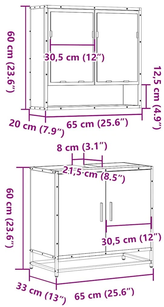 2 pcs conjunto móveis WC derivados de madeira sonoma cinza