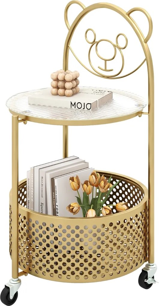 Mesa de centro de vidro móvel Mesa apoio ou cabeçeira de 2 níveis com padrão de urso Cesto de arrumação Estrutura metálica Mesa lateral moderna Dourad