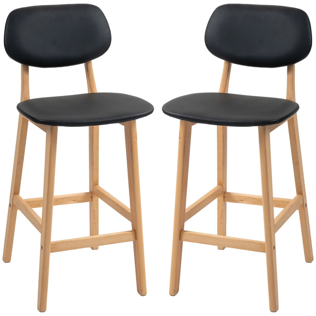 HOMCOM Conjunto de 2 bancos de bar, cadeiras altas, revestimento sintético com encosto e pés de madeira, preto | Aosom Portugal
