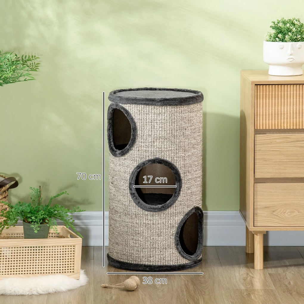 Barril para gatos arranharem, torre de arranhar em sisal com 3 níveis revestida a pelúcia, Ø 38 x 70 cm, cinzento claro