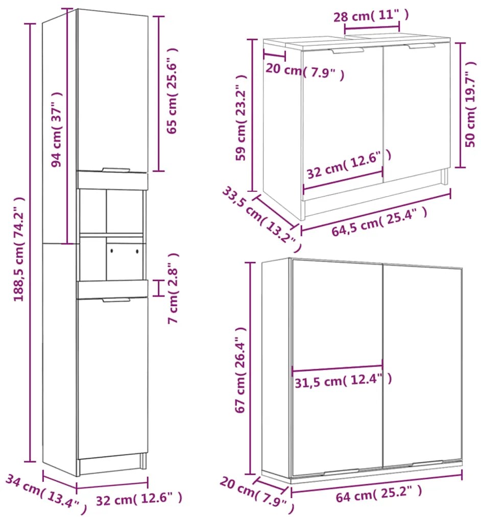 3 pcs conjunto móveis casa de banho madeira processada branco