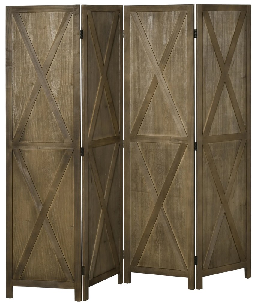 HOMCOM Biombo de 4 Painéis Separador de Ambientes Dobrável 182x170 cm Divisória para Espaços de Madeira Marrom Acinzentado