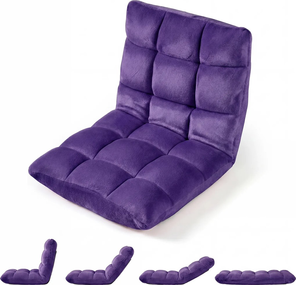 Cadeira de Chão Dobrável, 104 x 53 x 15 cm, Encosto Ajustável em 14 Posições, Roxo