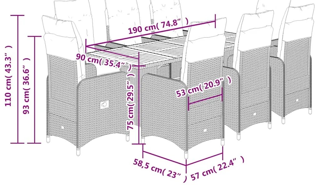 9 pcs conjunto de bistrô p/ jardim c/ almofadões vime PE preto