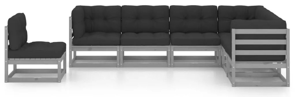 7pcs conjunto lounge de jardim c/ almofadões pinho maciço cinza