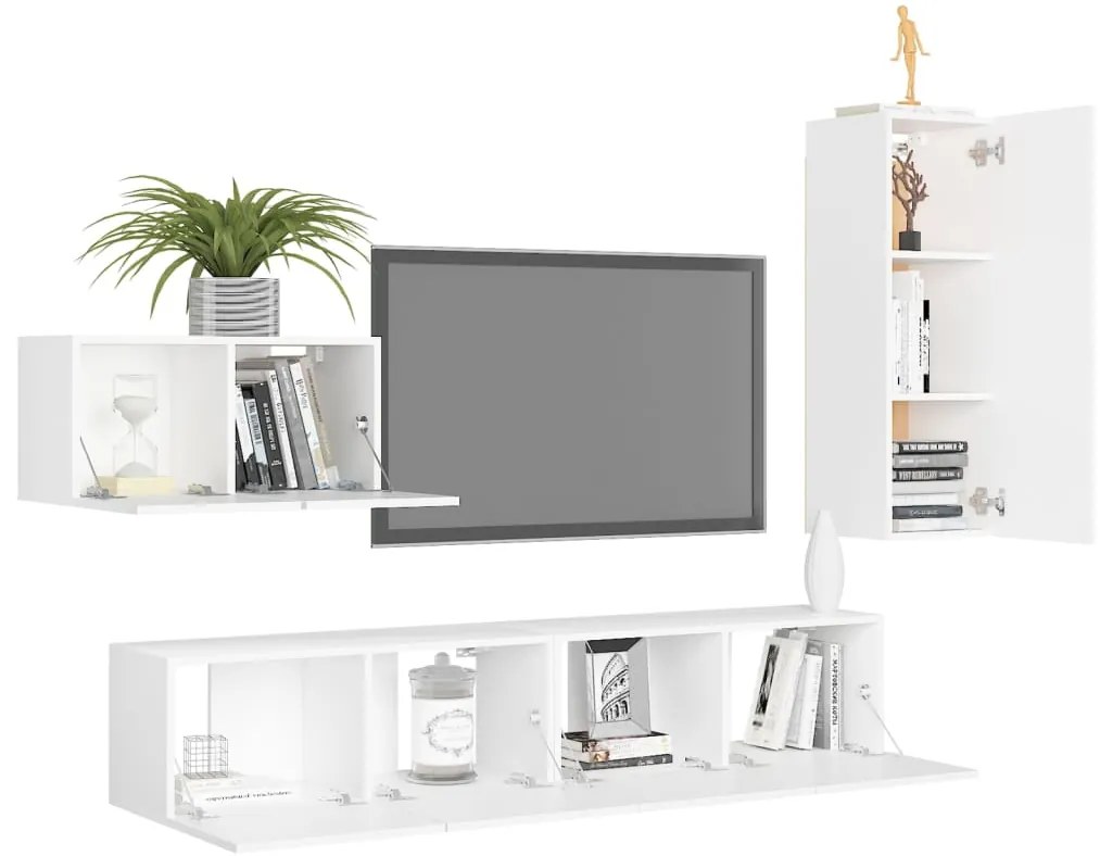 4 pcs conjunto de móveis de TV derivados de madeira branco