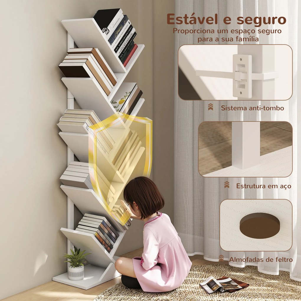 Estante em Forma de Árvore de 9 Níveis Estante de Livros com 9 Prateleiras e Estrutura de Aço 50x24x136 cm Branco