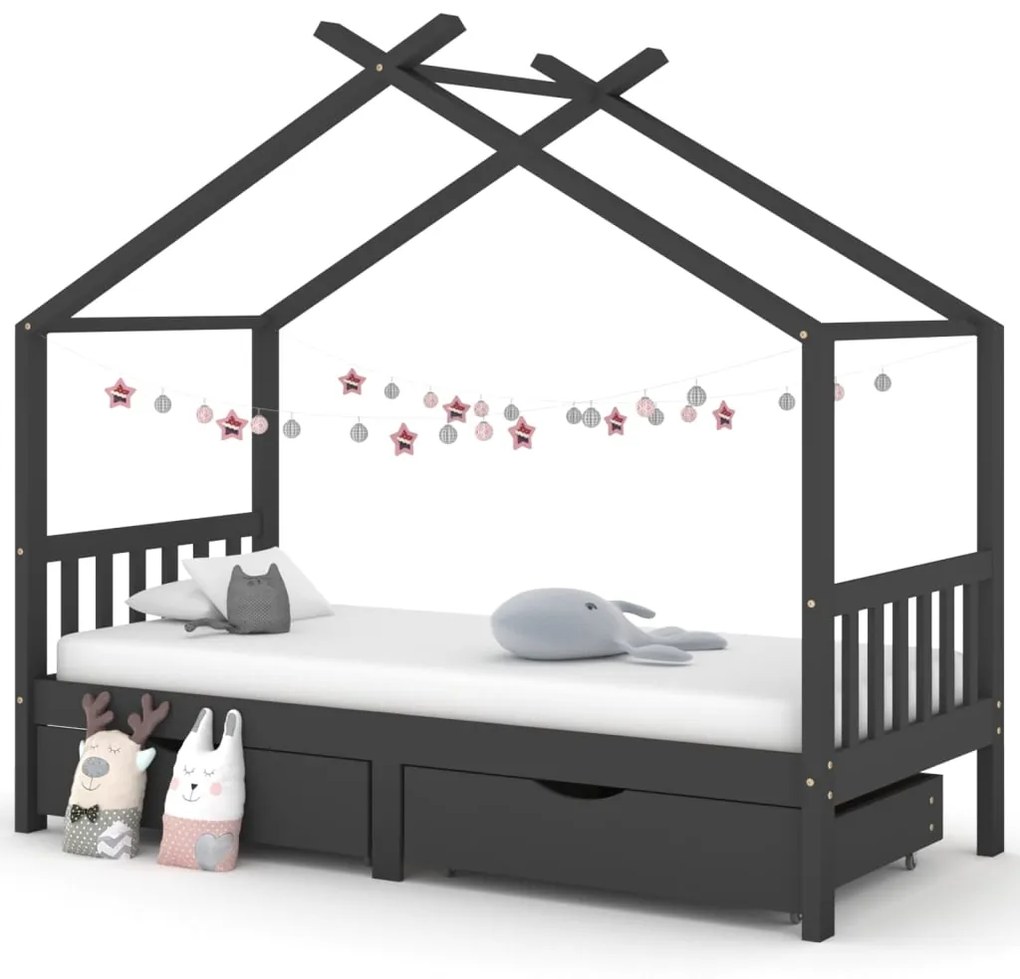 322153 vidaXL Cama p/ crianças c/ gavetas 90x200 cm pinho maciço cinza-escuro