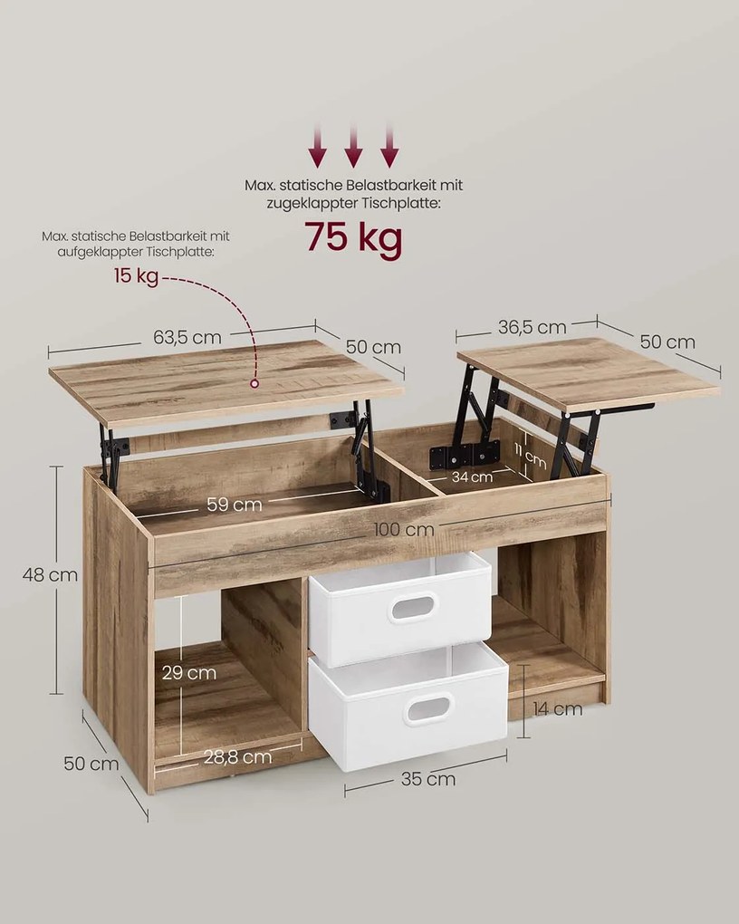 Mesa de centro 50 x 100 x 48 cm com 2 gavetas e compartimentos Castanho-branca