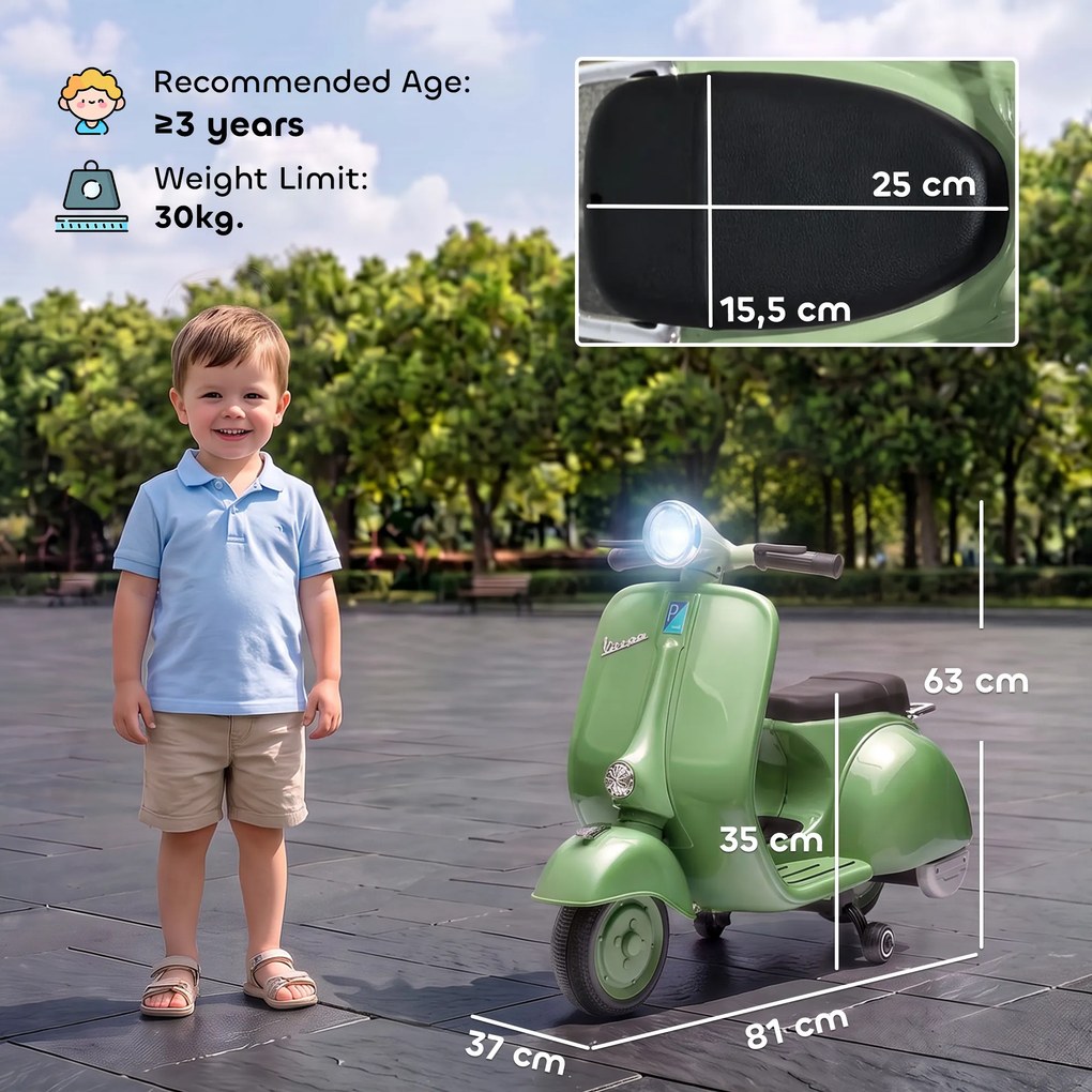 Mota Elétrica Infantil 6V Vespa com Licença Oficial, Arranque Suave, Rodinhas Desmontáveis, Luz Dianteira, Música, Buzina e USB, Verde