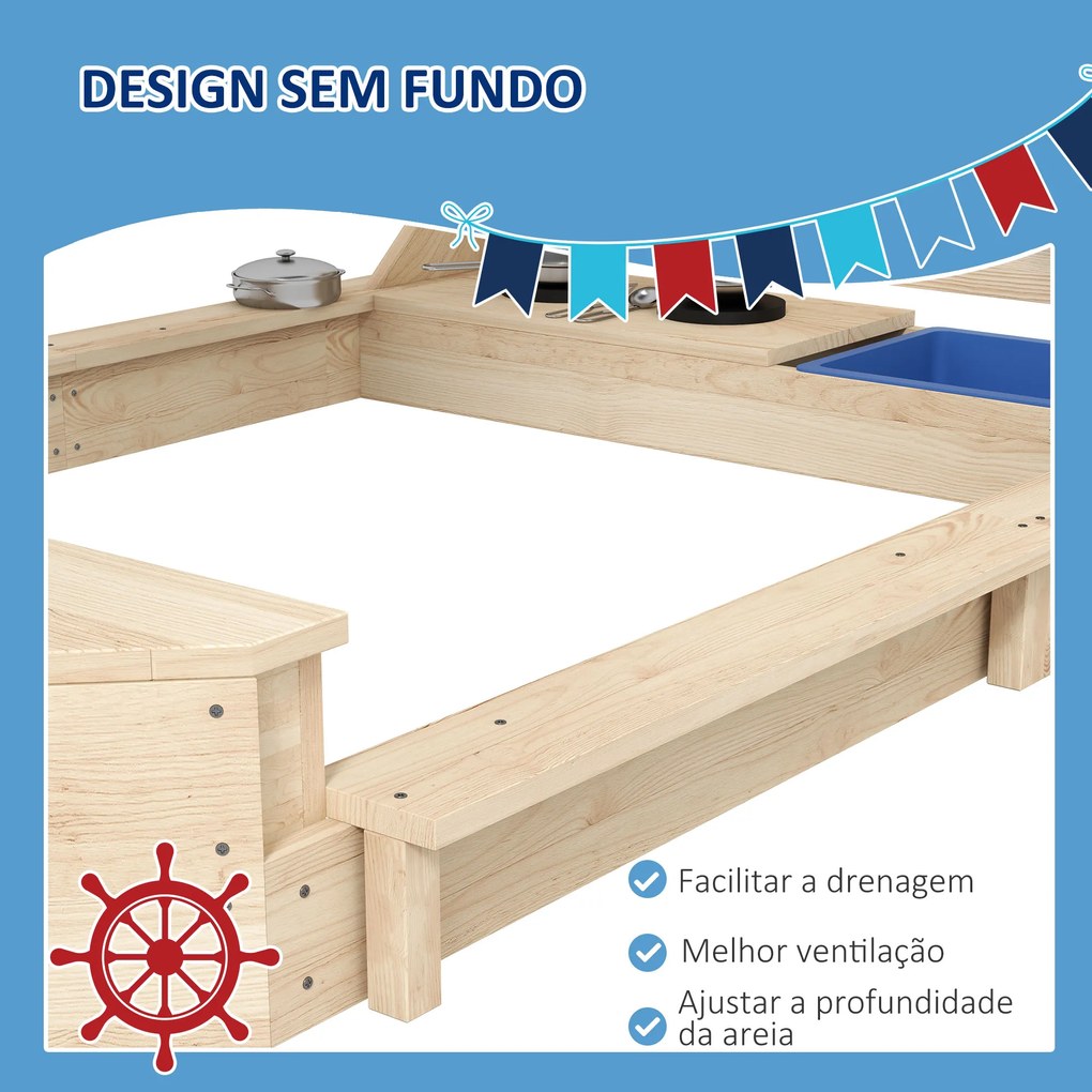 Caixa de Areia para Crianças de Madeira com Toldo Brinquedos de Cozinha e Forma de Barco para Jardim 180x103x145 cm Natural