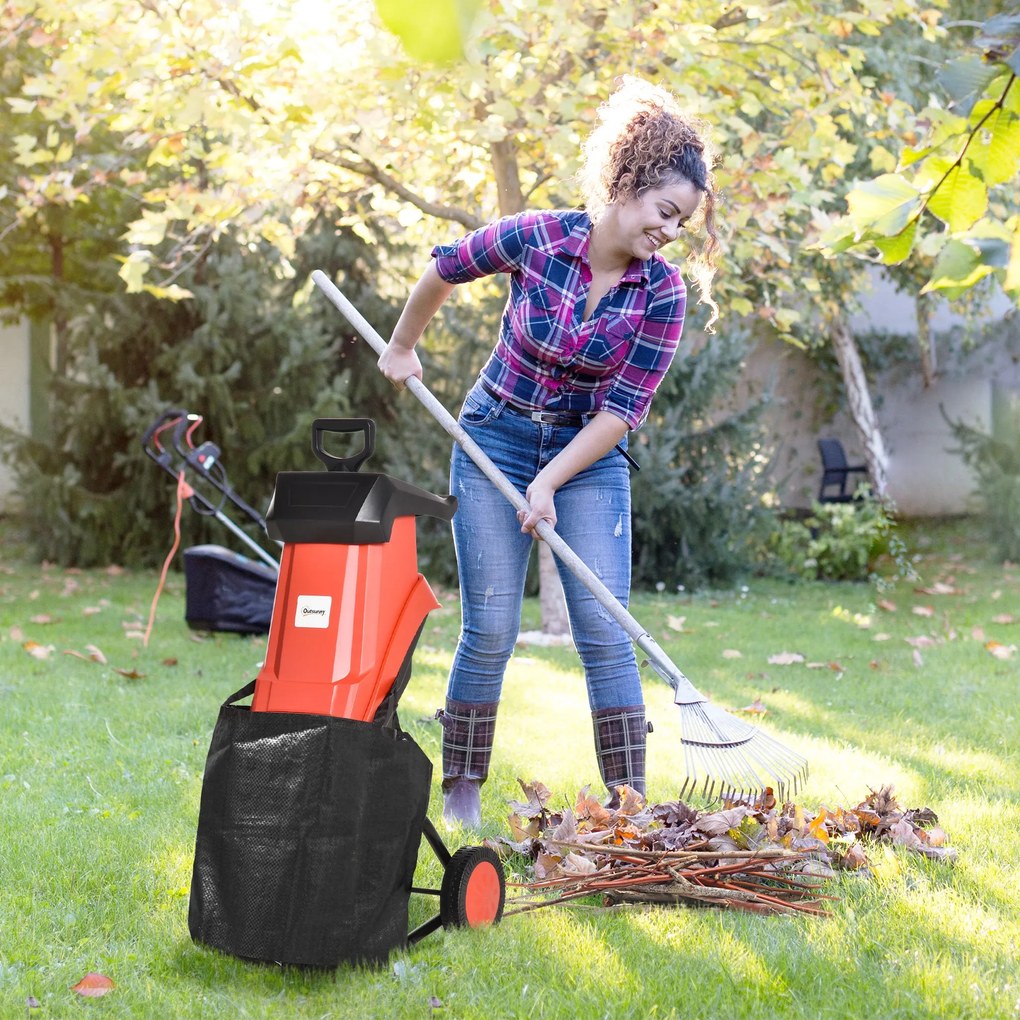 Triturador Elétrico de Folhas 2500W para Jardim com 2 Lâminas Bolsa de Coleta de 50L e Rodas para Ramos Ervas 40x34x89cm Preto e Vermelho