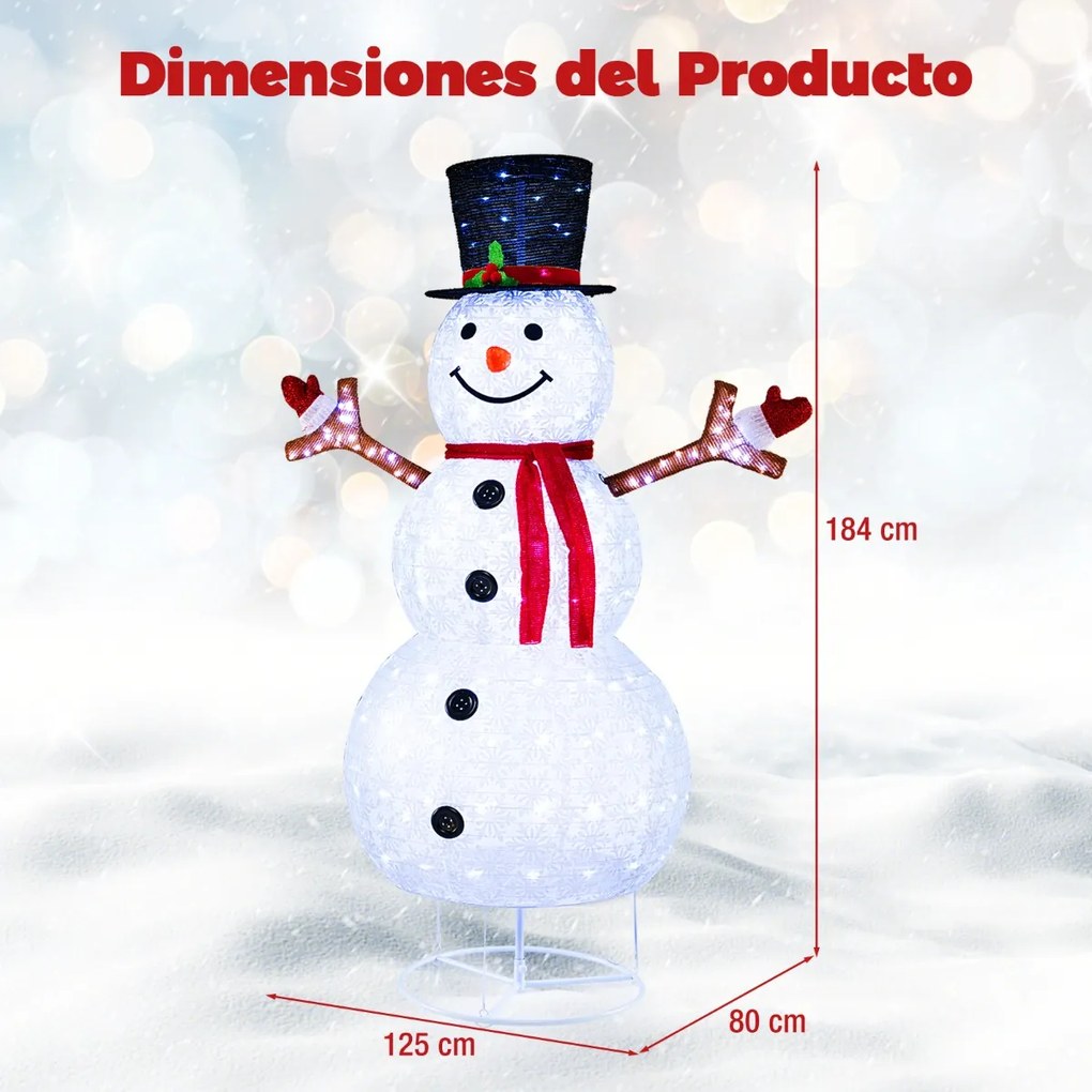 Boneco de neve de Natal de 184 cm com luzes incorporadas Chapéu de Natal, mãos com ramos e motivos de flocos de neve Decoração de Natal para jardim