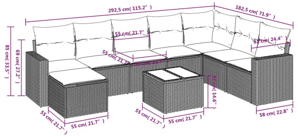 9 pcs conjunto sofás p/ jardim c/ almofadões vime PE castanho