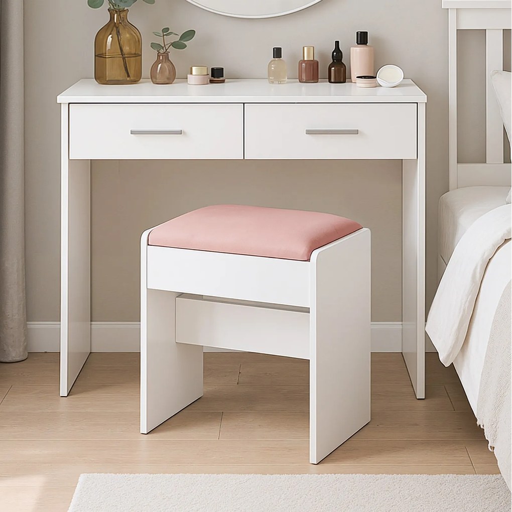 Banco para toucador estofado para maquilhagem em veludo 28,6 x 45 x 49,5 cm, com pés antiderrapantes branco-rosa