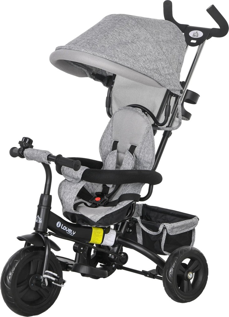 Triciclo infantil ajustável com pára-sol, dobrável, com barra telescópica removível, 95 x 50 x 106 cm, em aço cinzento e preto
