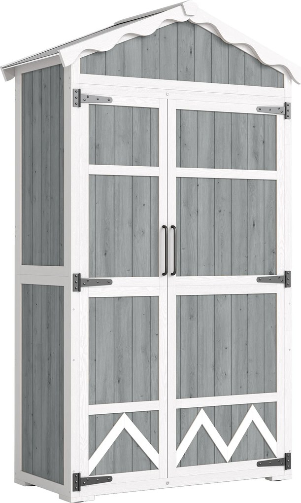 Outsunny Armário de Jardim de Madeira 105x55x179 cm Abrigo de Exterior com Portas 4 Prateleiras Extraíveis Teto Metal Cinza | Aosom Portugal